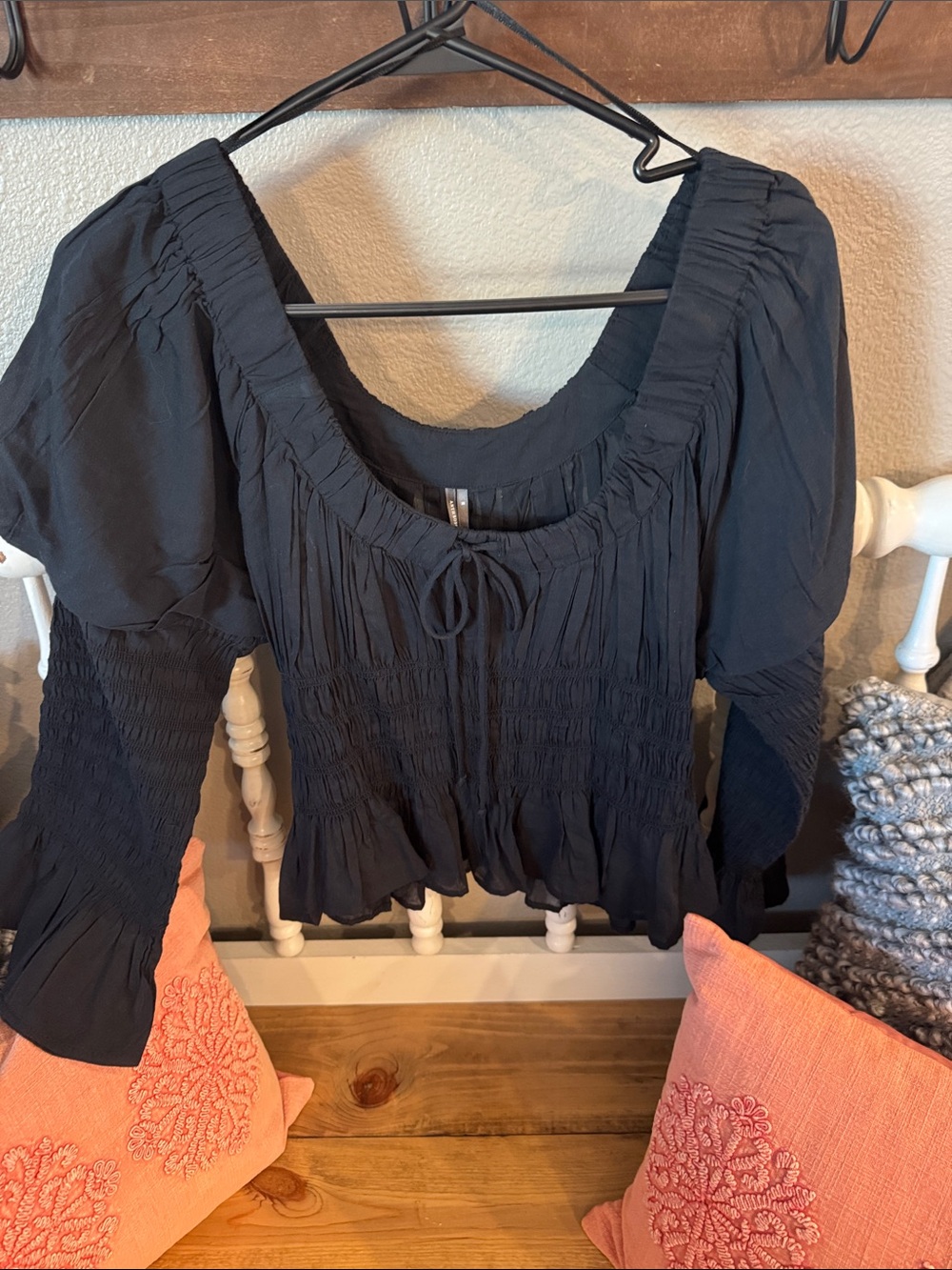 Anthropologie Black Smocked Peasant Blouse with Puff Sleeves NWT